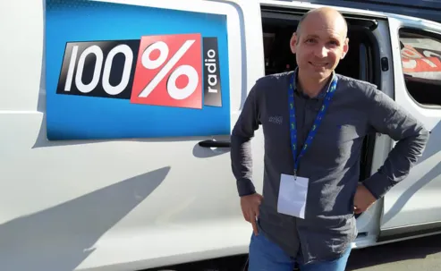 100Radio_Nicolas in front of OB van_ImageText